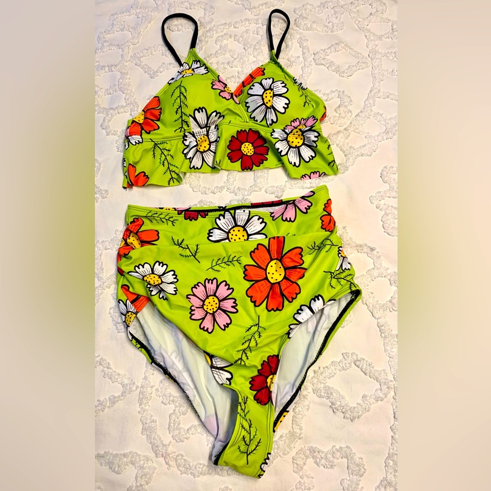 Lime floral high waisted bikini